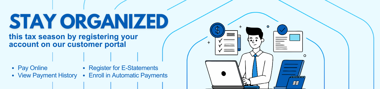 Stay Organized This Tax Season banner - Man submitting taxes at computer